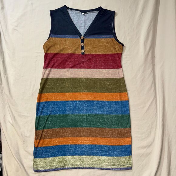 Striped Tank Dress Women's L Trendy Casual Loose Sleeveless V Neck Sundress - Picture 2 of 8